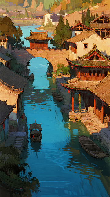 古风运河小镇插画