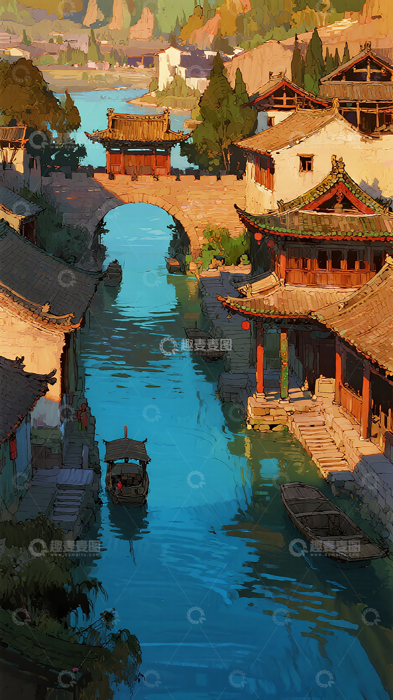 高清大图下载【趣麦麦图】-古风运河小镇插画