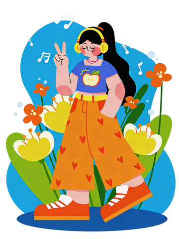 卡通风格听音乐女孩插画免扣素材