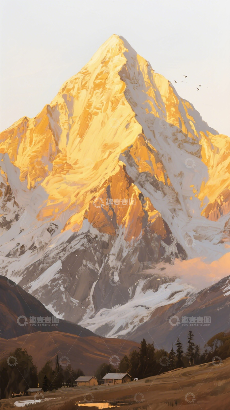 高清大图下载【趣麦麦图】雪山黄昏油画风景
