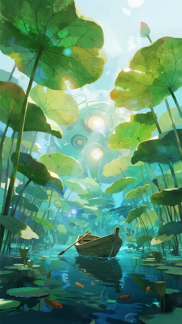 梦幻荷塘小船插画