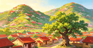 乡村风光山水民居插画