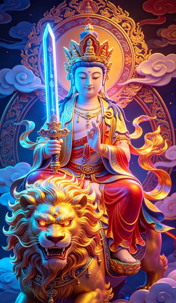 神话风格菩萨骑狮图像