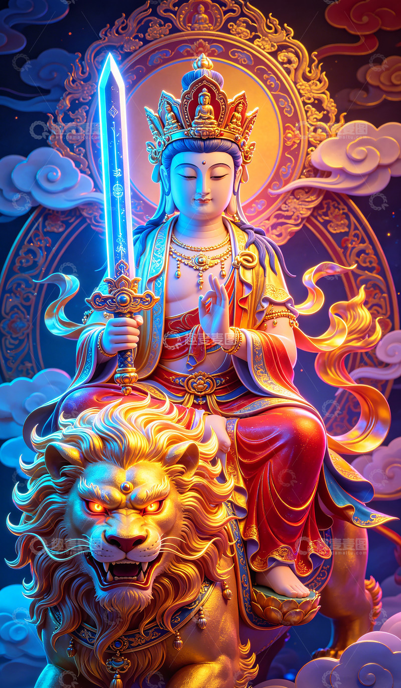 高清大图下载【趣麦麦图】神话风格菩萨骑狮图像