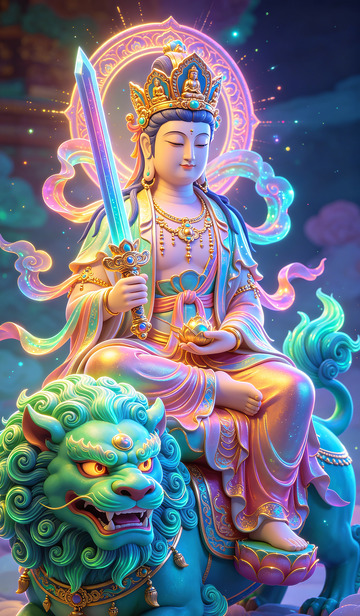 彩绘佛教菩萨狮子雕像艺术图像