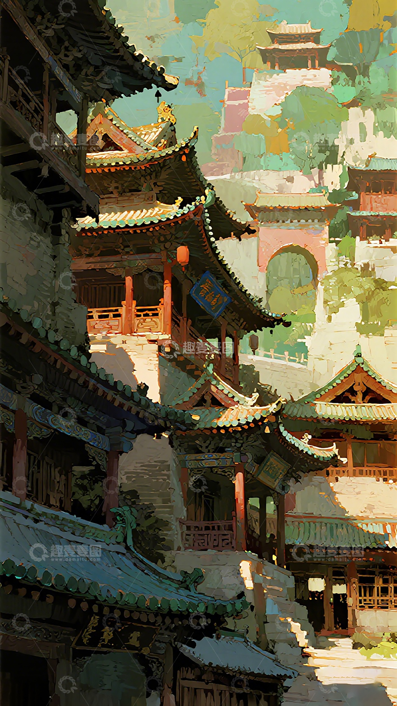 高清大图下载【趣麦麦图】古风建筑群艺术插画