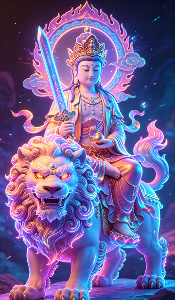 霓虹光佛菩萨骑狮艺术插画