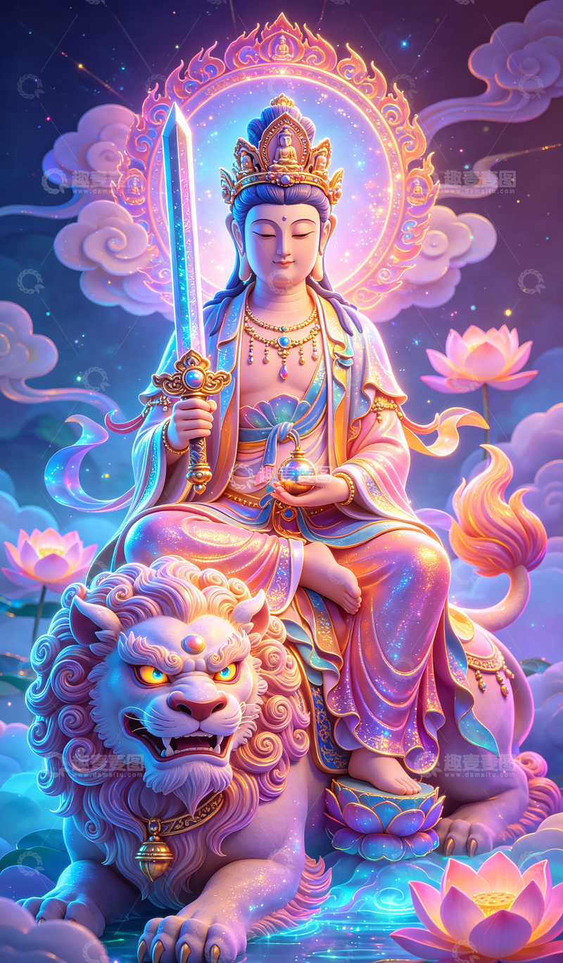 高清大图下载【趣麦麦图】神话风菩萨骑狮插画