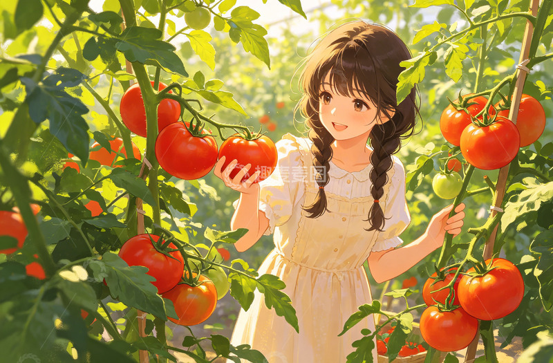 高清大图下载【趣麦麦图】-田园风光少女采摘番茄