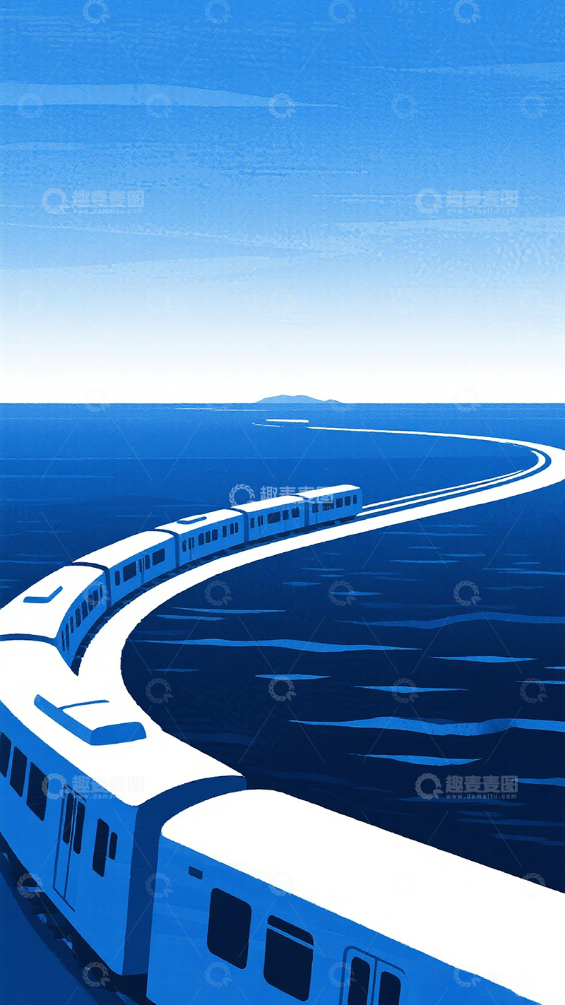 高清大图下载【趣麦麦图】蓝色列车沿海曲线插画
