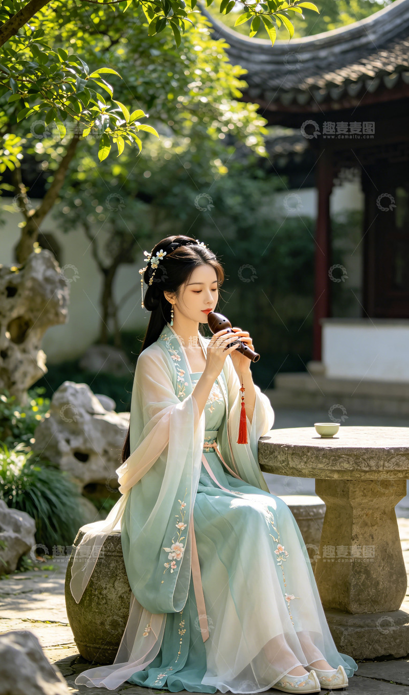高清大图下载【趣麦麦图】-古风园林美人品茶写真