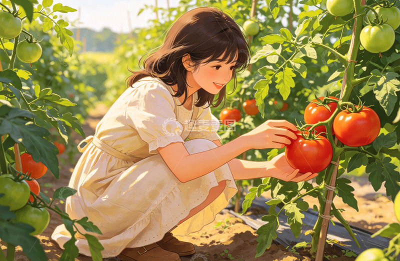 高清大图下载【趣麦麦图】田园风少女摘番茄插画