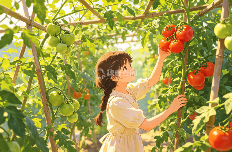 高清大图下载【趣麦麦图】田园风女孩采摘番茄插画