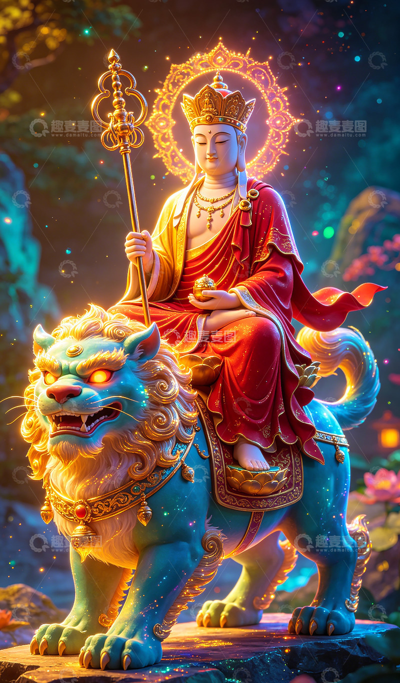 高清大图下载【趣麦麦图】奇幻风格佛祖骑狮像数字绘画