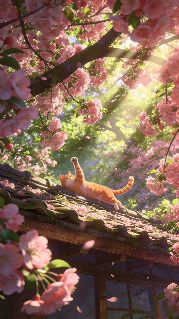 樱花屋顶橘猫春光