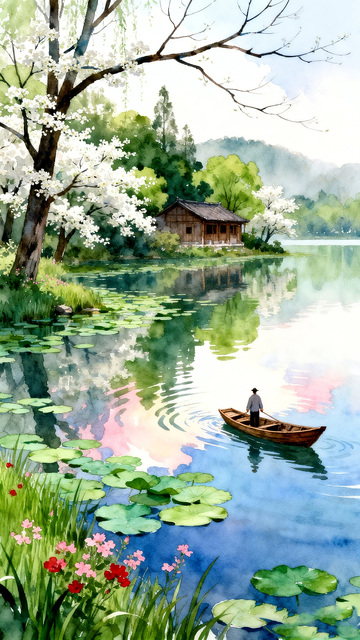 水彩湖畔小舟风景画