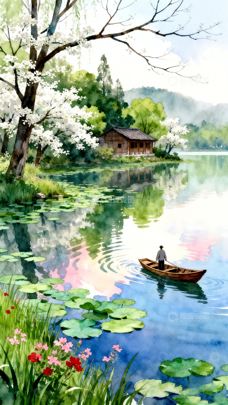 高清大图下载【趣麦麦图】-水彩湖畔小舟风景画