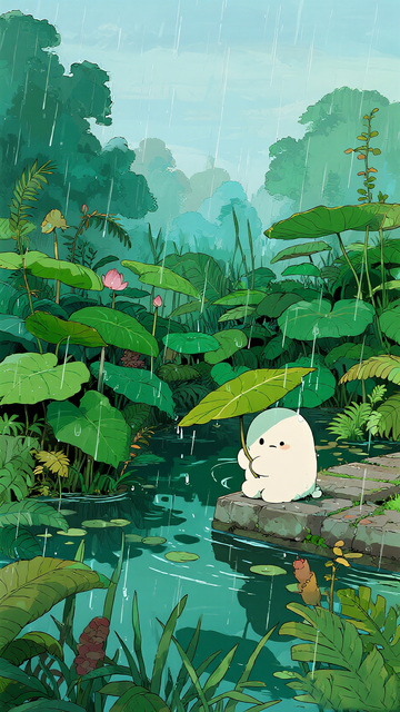 卡通雨中小精灵湿地景观