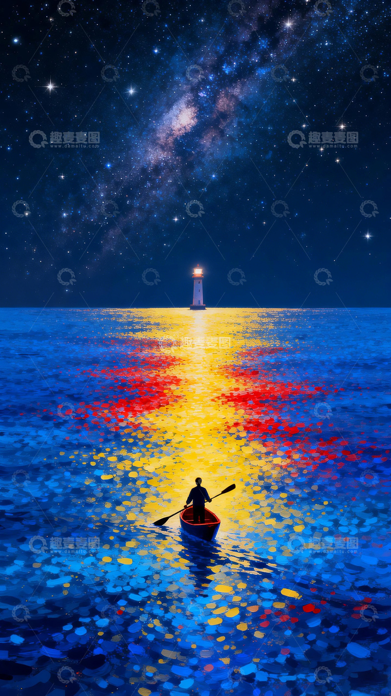 高清大图下载【趣麦麦图】-星空下灯塔独舟油画风格