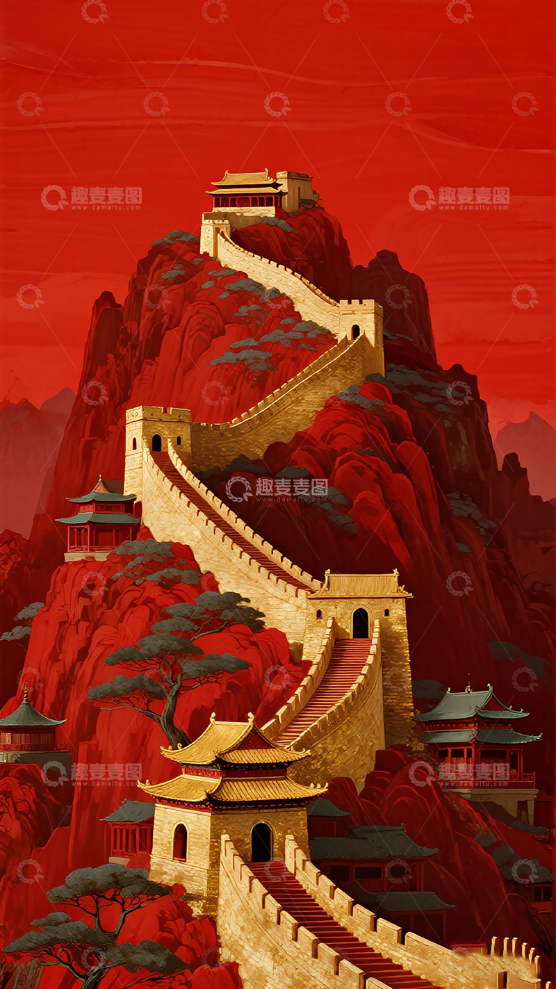 高清大图下载【趣麦麦图】长城山水画艺术插画