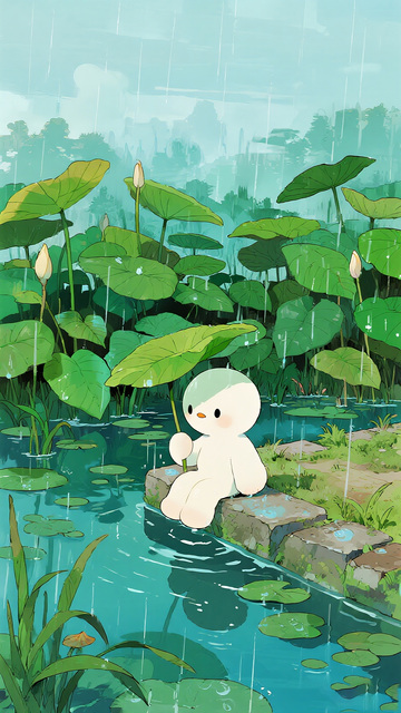雨中小白熊湿地插画