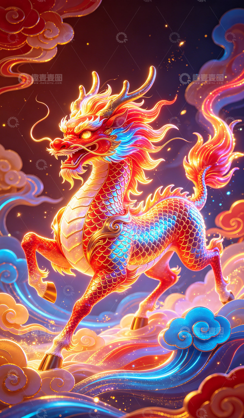 高清大图下载【趣麦麦图】-炫彩中国麒麟龙艺术插画