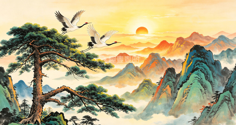 高清大图下载【趣麦麦图】-山水画日落仙鹤风光装饰画
