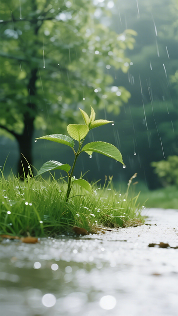 雨中嫩叶生机盎然