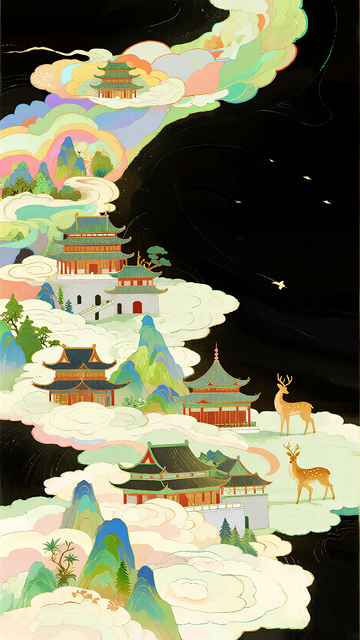 仙山古刹梦幻插画