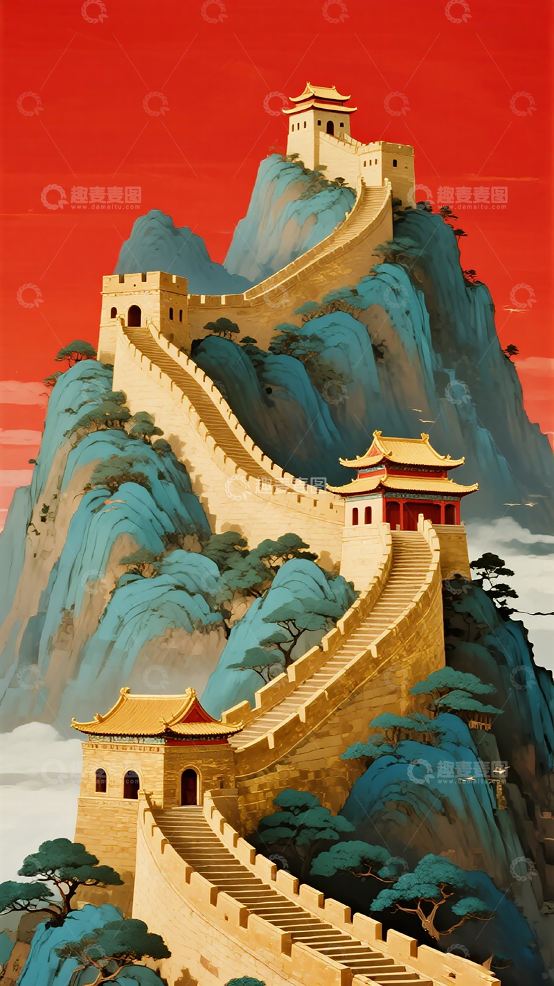 高清大图下载【趣麦麦图】长城山水画艺术插画