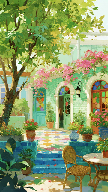 彩绘庭院风景插画