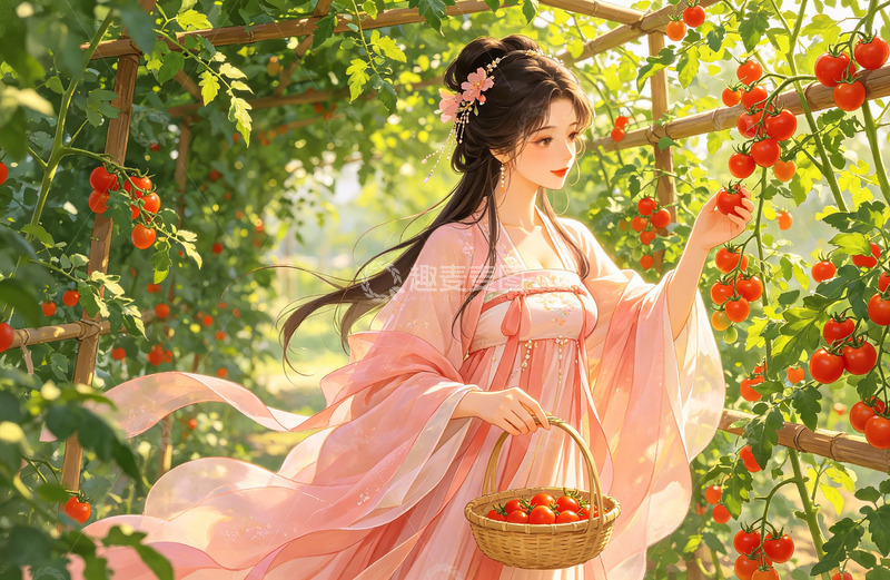 高清大图下载【趣麦麦图】古风美女采摘番茄插画