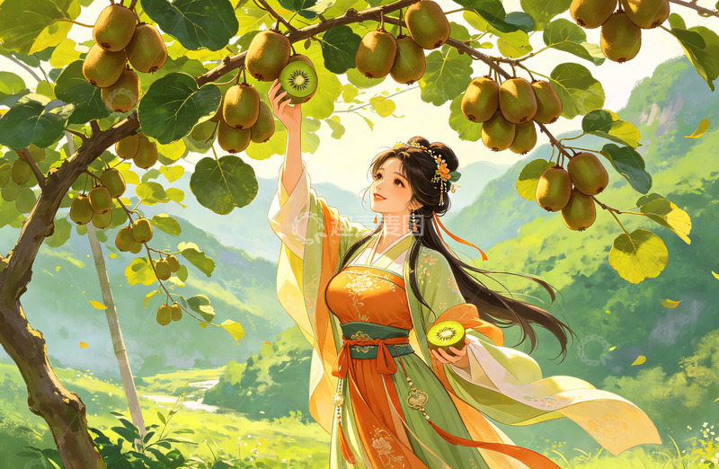 高清大图下载【趣麦麦图】古风美女采摘猕猴桃插画