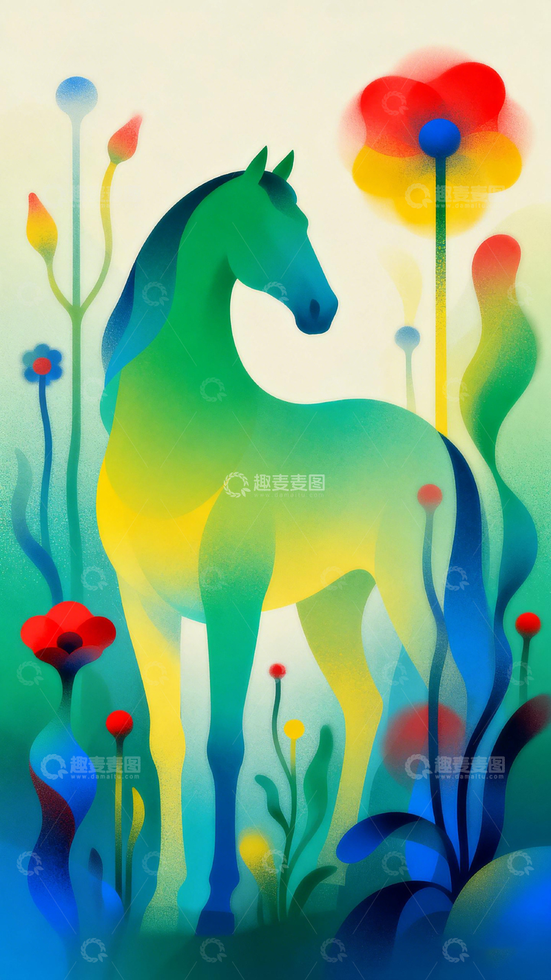 高清大图下载【趣麦麦图】梦幻色彩马匹艺术插画