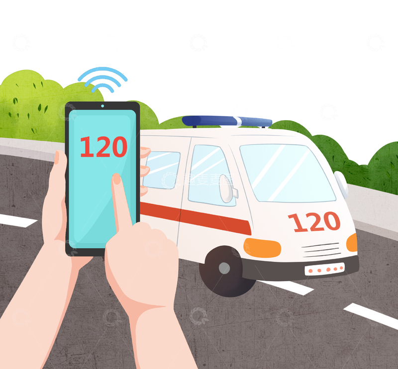 源文件下载【趣麦麦图】手机呼叫120急救车场景插画
