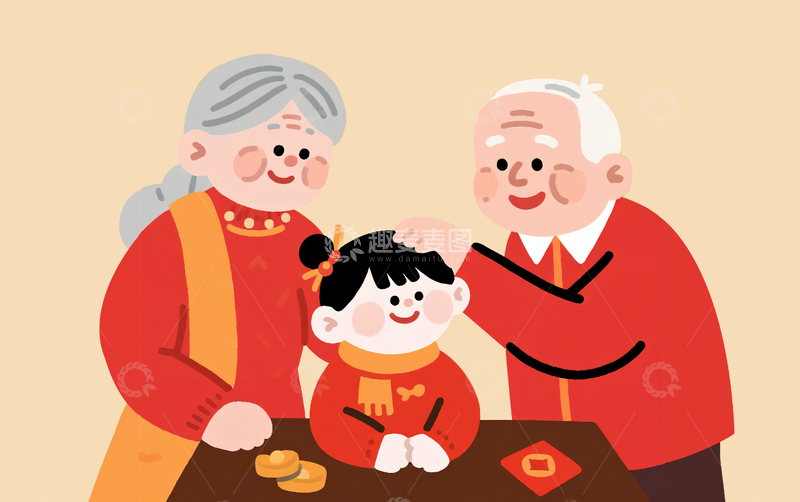 源文件下载【趣麦麦图】扁平风格老人给孙女发红包22