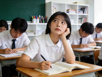 教室中一个正在思考的女孩