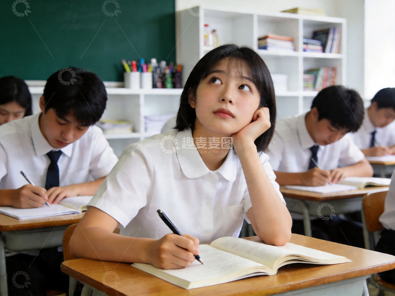 高清大图下载【趣麦麦图】教室中一个正在思考的女孩