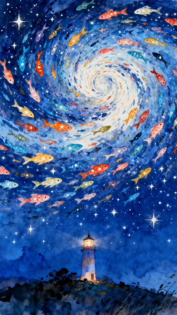 星空鱼群灯塔水彩画