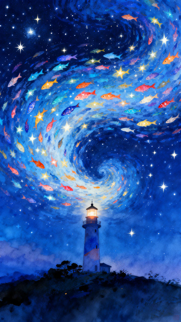 梦幻星空灯塔油画插画