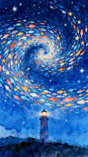 梦幻星空灯塔水彩画
