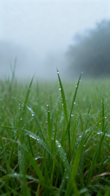晨露青草细雨景