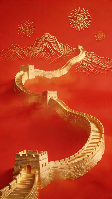 红色调长城山河金箔质感海报背景3
