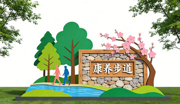 卡通风格康养步道标识景观小品标识牌设计