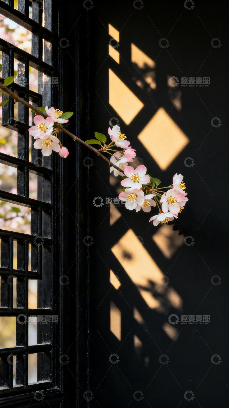 高清大图下载【趣麦麦图】古典窗棂海棠花影