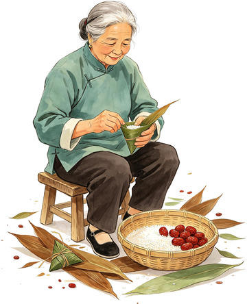 端午传统插画包粽子的老奶奶