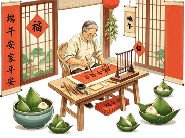 端午传统插画写书法的老爷爷