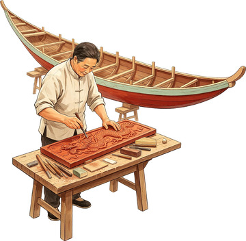 端午传统插画绘制龙舟船板的师傅