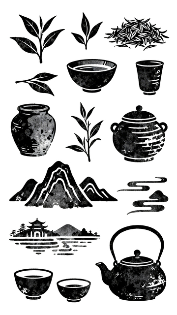 黑白版画风格茶艺元素2
