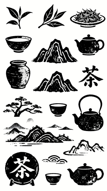 黑白版画风格茶艺元素1